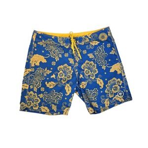 Lost At Sea Blue Gold Floral Tiger Print Board Shorts Size L Tropical Surf Beach